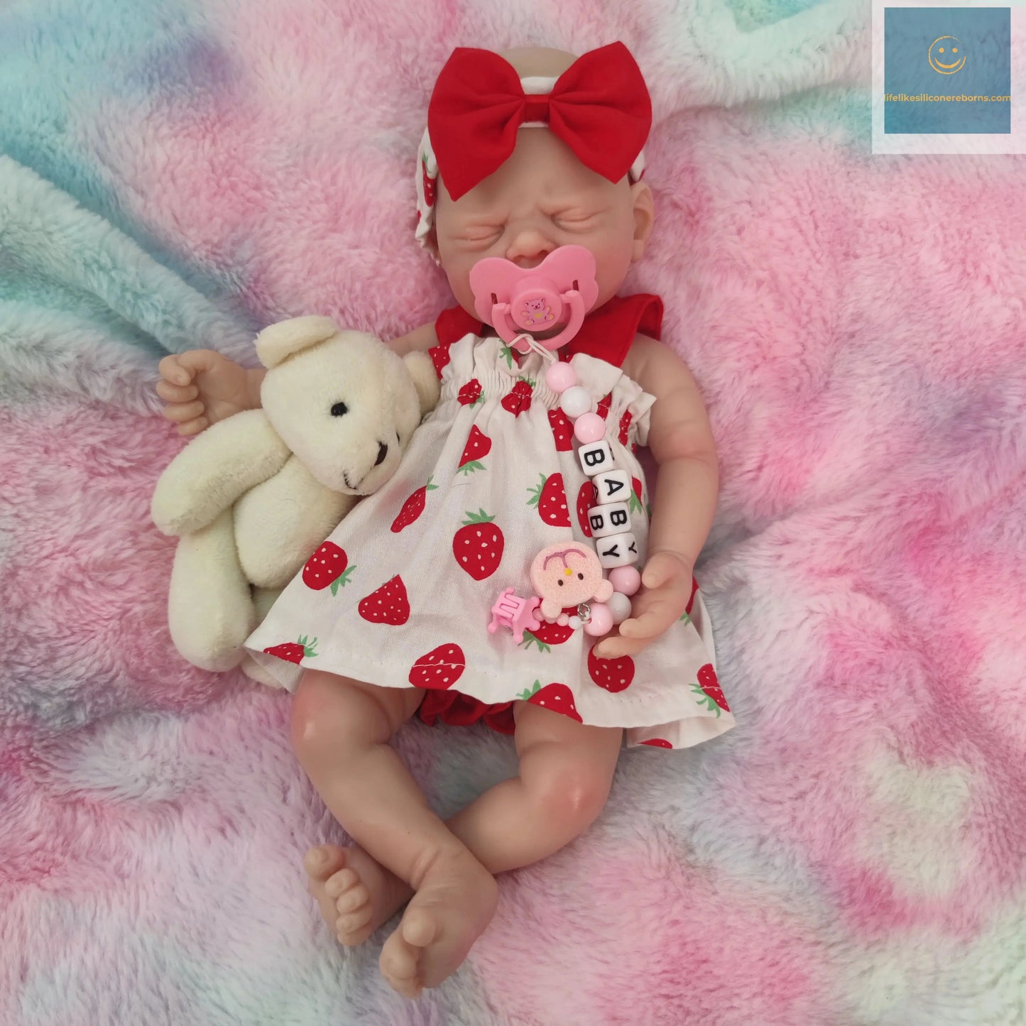 12 inch Full Soft Silicone Body Lifelike Reborn Baby Doll Girl With Strawberry Dress for Kids birthday / Christmas Gift lifelikesiliconereborns.com