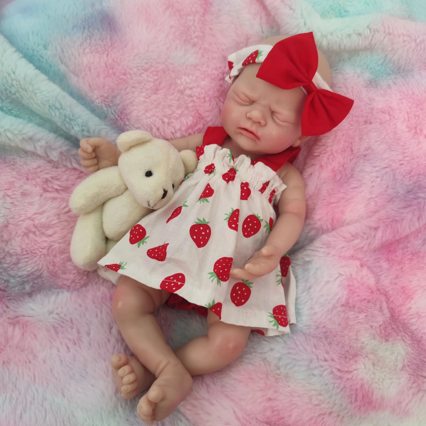 12 inch Full Soft Silicone Body Lifelike Reborn Baby Doll Girl With Strawberry Dress for Kids birthday / Christmas Gift lifelikesiliconereborns.com