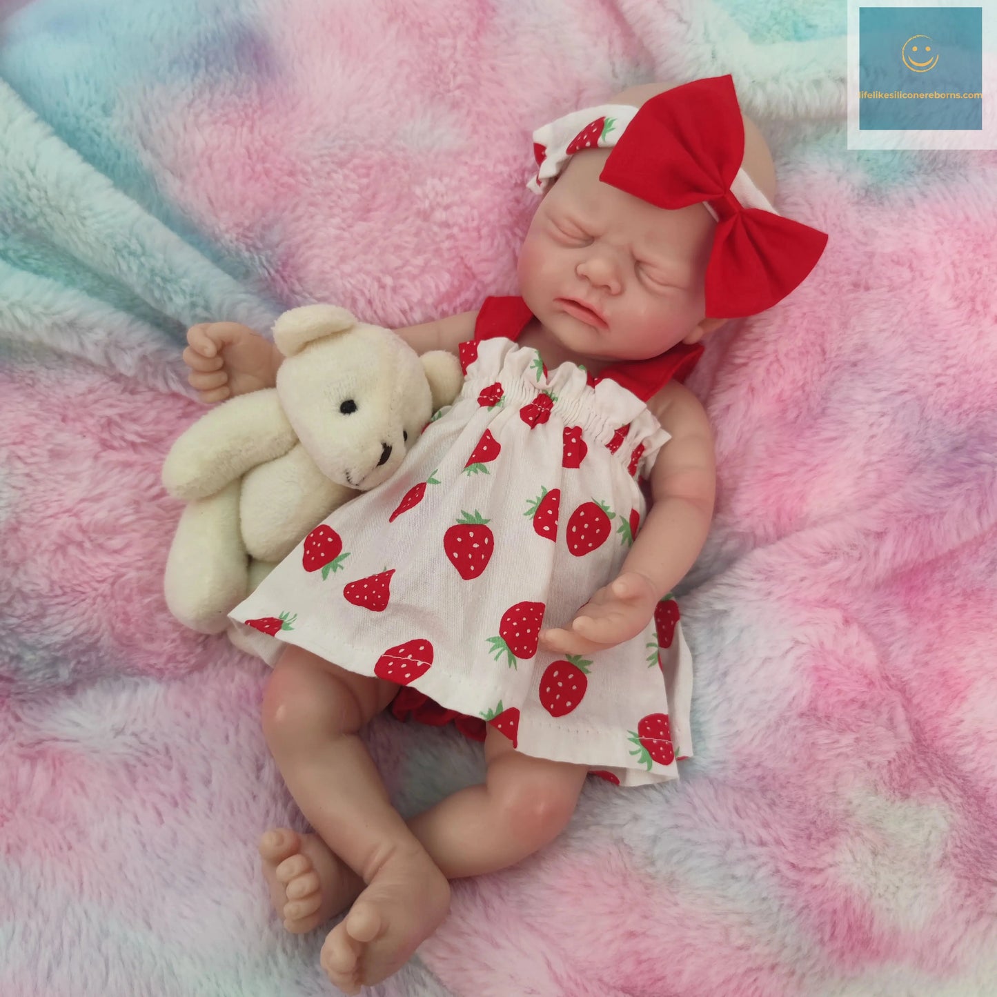 12 inch Full Soft Silicone Body Lifelike Reborn Baby Doll Girl With Strawberry Dress for Kids birthday / Christmas Gift lifelikesiliconereborns.com