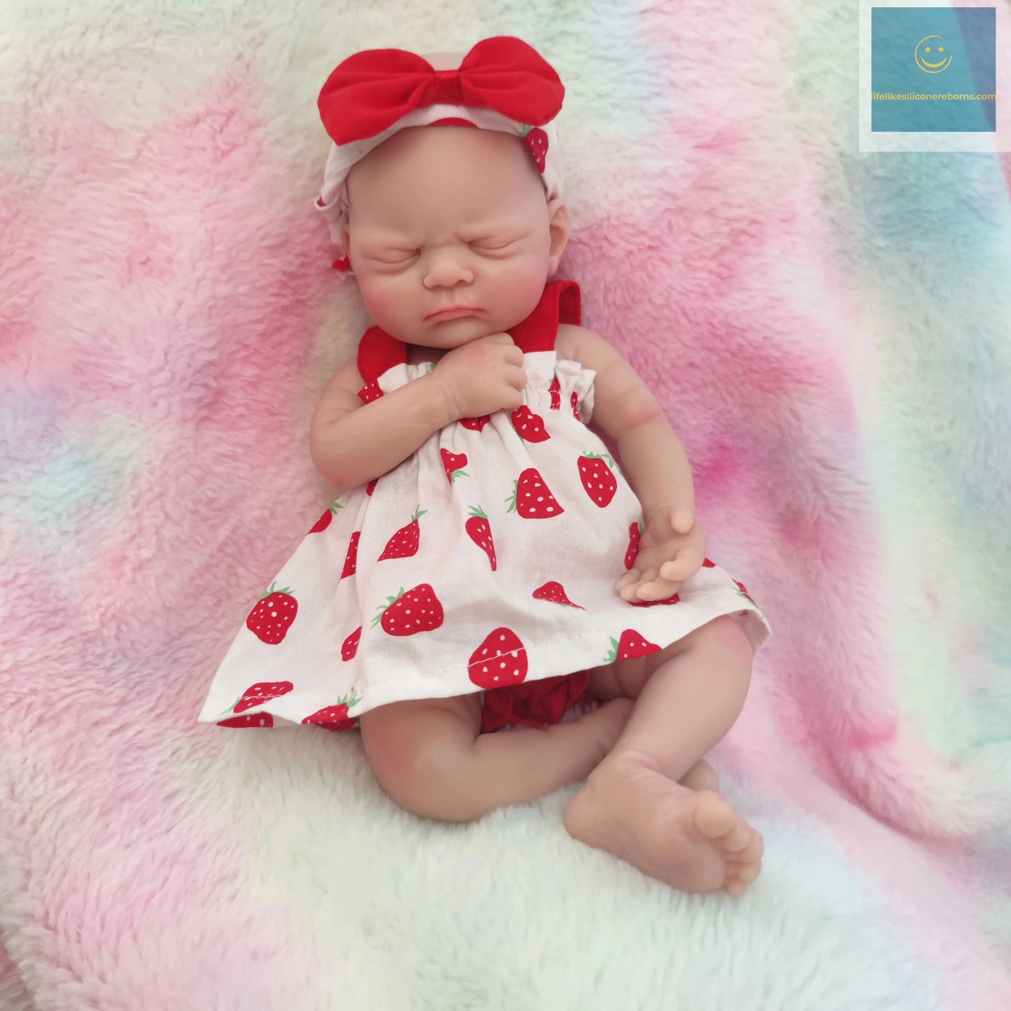 12 inch Full Soft Silicone Body Lifelike Reborn Baby Doll Girl With Strawberry Dress for Kids birthday / Christmas Gift lifelikesiliconereborns.com