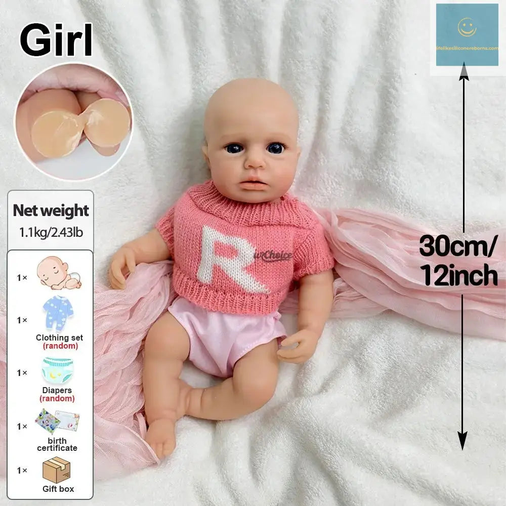 30cm Washable Can Open Mouth Baby Girl Solid Silicone Reborn Doll Loulou Soft Touch Feeling Visible Veins Doll for Birthday Gift lifelikesiliconereborns.com