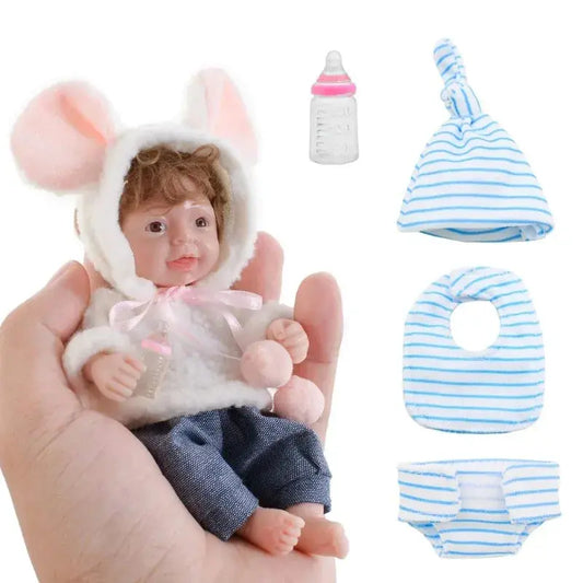 6 Inch Mini Baby Reborn Silicone Boy Doll Realistic Full Silicon Body Rooted Hair (Boy-Curly Hair+bib) lifelikesiliconereborns.com