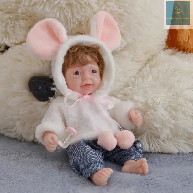 6 Inch Mini Baby Reborn Silicone Boy Doll Realistic Full Silicon Body Rooted Hair (Boy-Curly Hair+bib) lifelikesiliconereborns.com