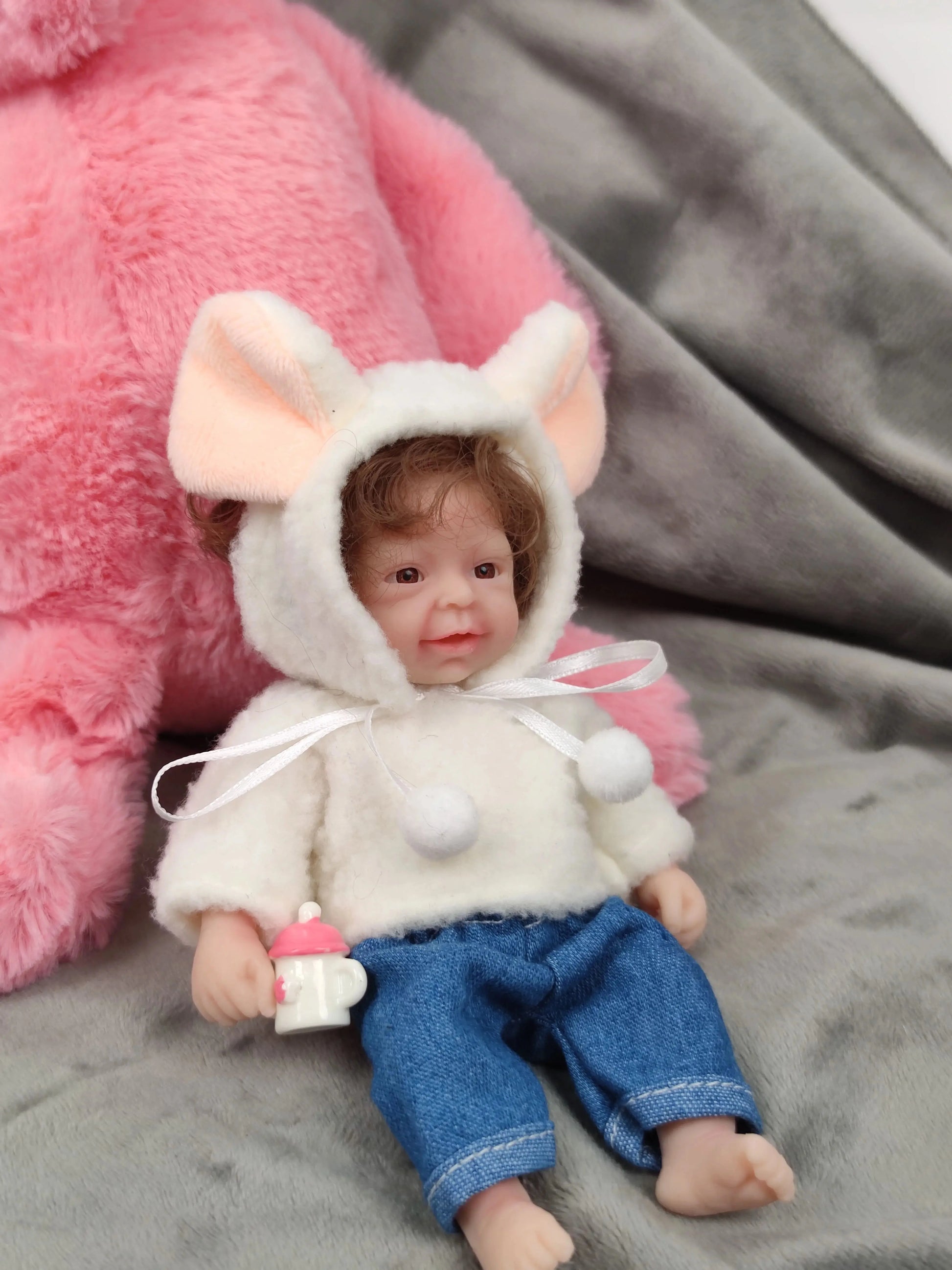 6 Inch Mini Baby Reborn Silicone Boy Doll Realistic Full Silicon Body Rooted Hair (Boy-Curly Hair+bib) lifelikesiliconereborns.com