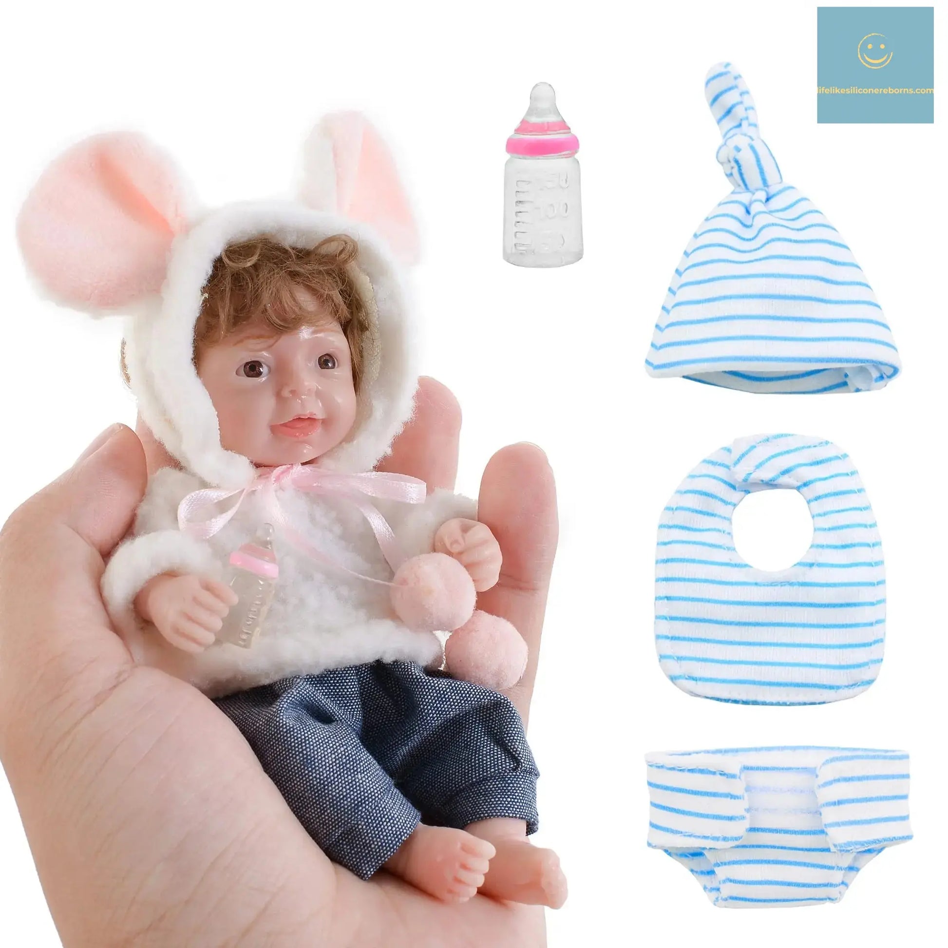 6 Inch Mini Baby Reborn Silicone Boy Doll Realistic Full Silicon Body Rooted Hair (Boy-Curly Hair+bib) lifelikesiliconereborns.com