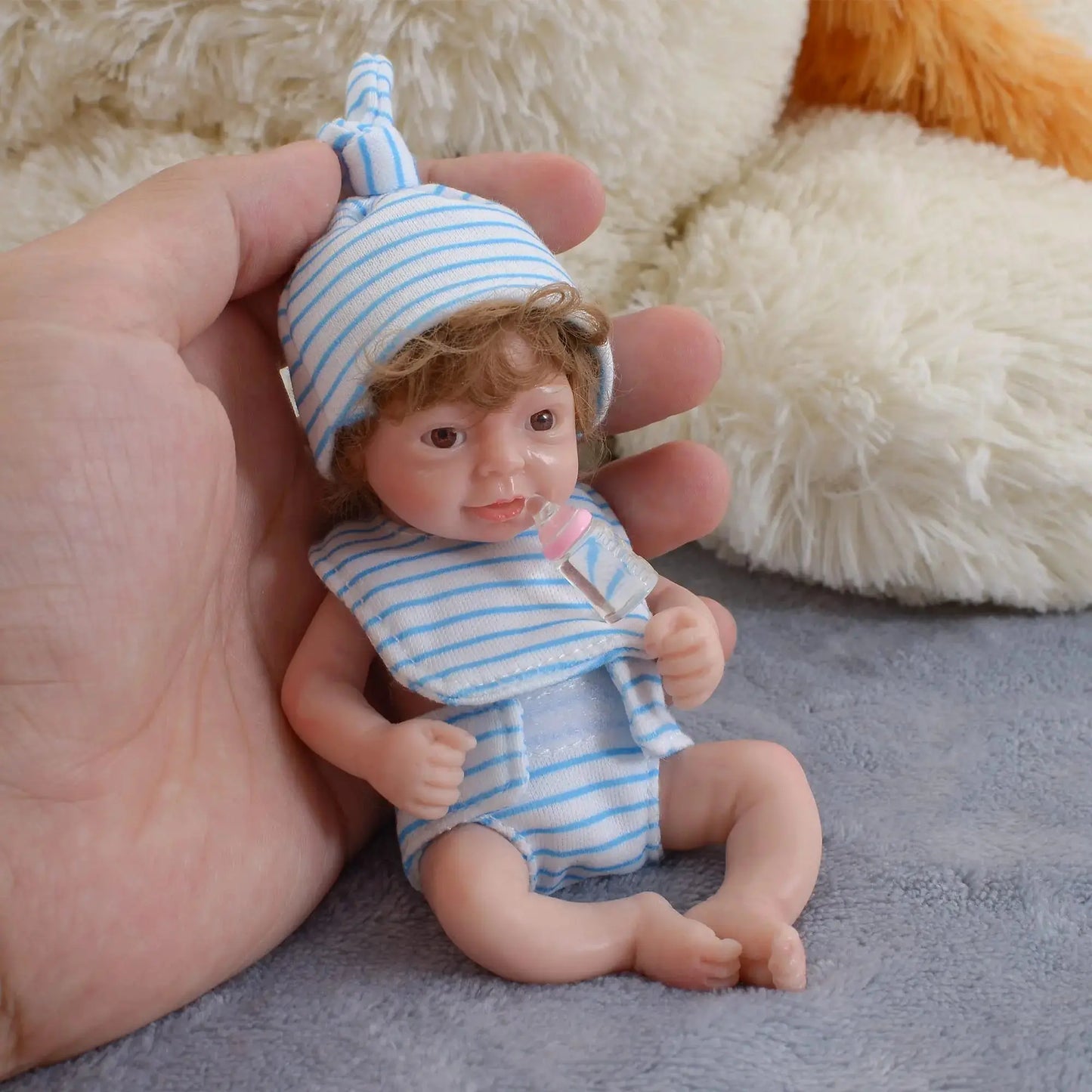 6 Inch Mini Baby Reborn Silicone Boy Doll Realistic Full Silicon Body Rooted Hair (Boy-Curly Hair+bib) lifelikesiliconereborns.com