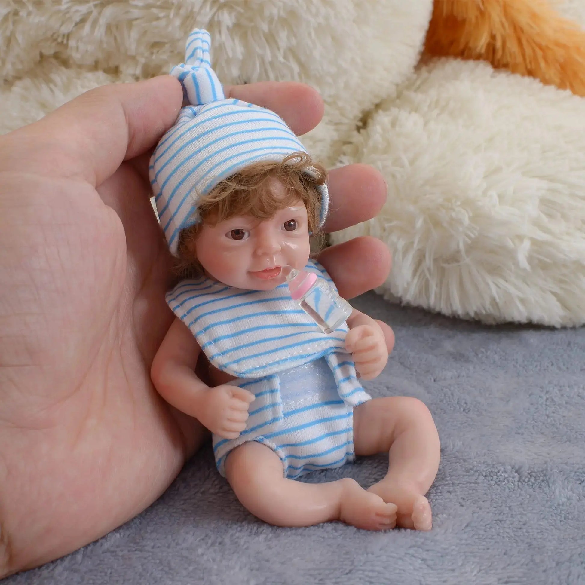 6 Inch Mini Baby Reborn Silicone Boy Doll Realistic Full Silicon Body Rooted Hair (Boy-Curly Hair+bib) lifelikesiliconereborns.com