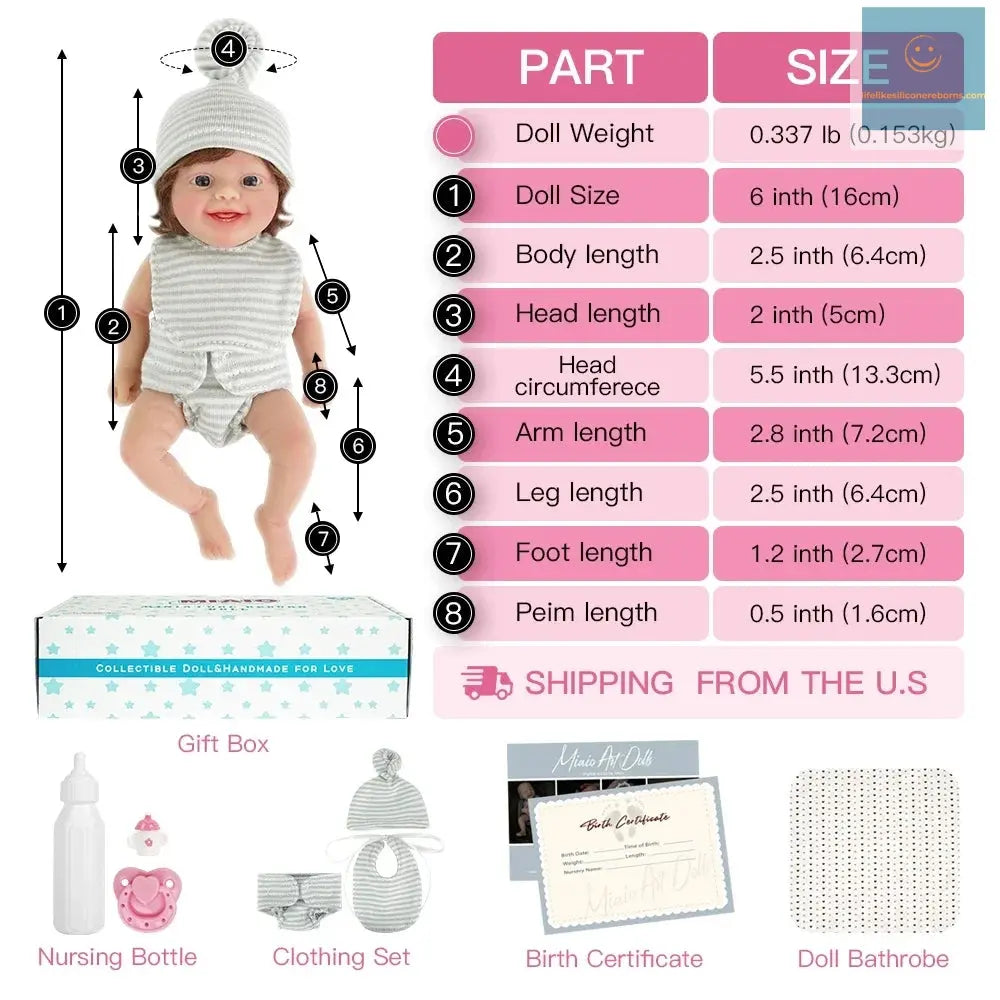 6" Micro Preemie Full Body Silicone Big Eyes Bady Doll "Mason" and "Mila"Lifelike Mini Reborn Doll Surprice Children Anti-Stress lifelikesiliconereborns.com