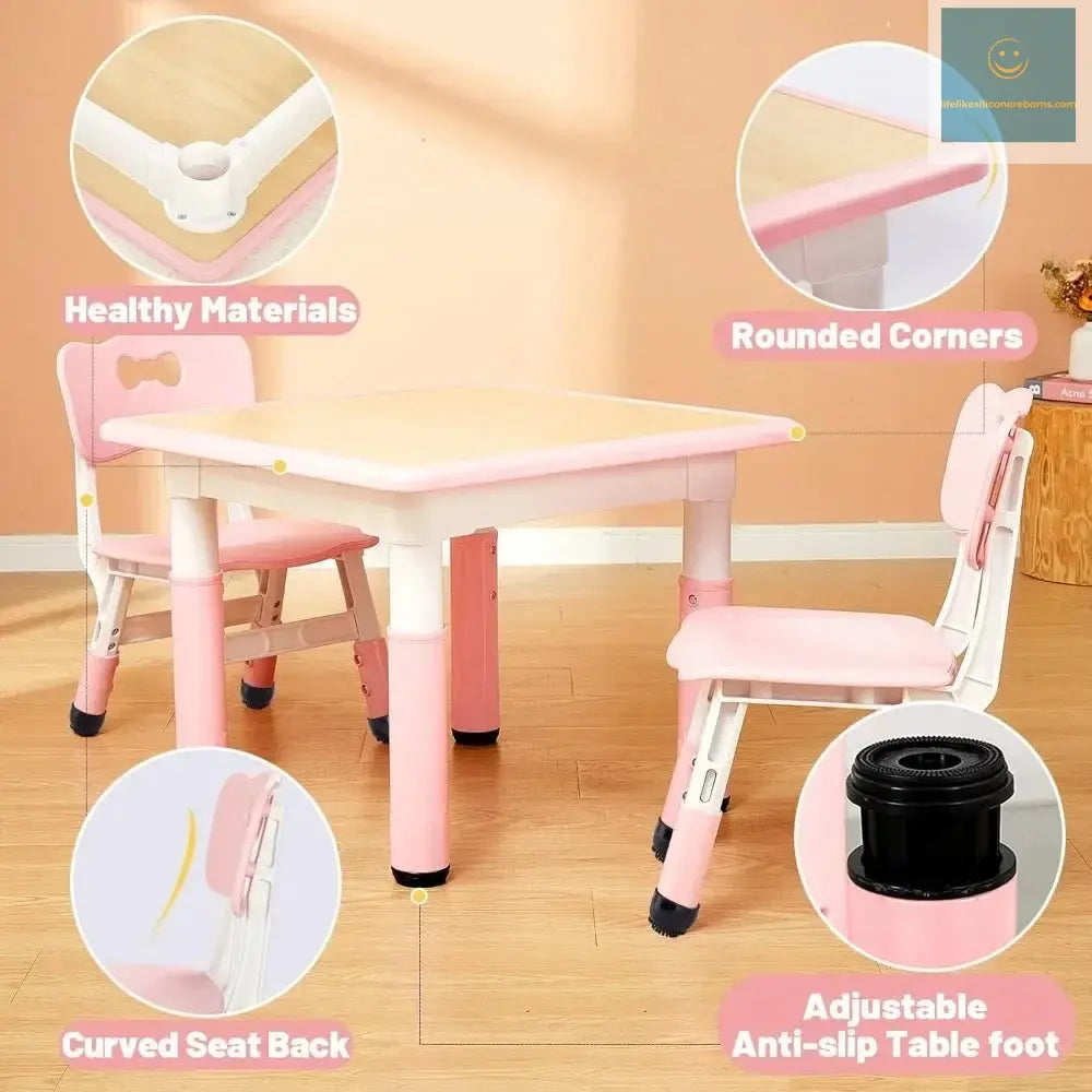 Kids Table and 2 Chairs Set, Height Adjustable Toddler Table and Chair Set for Ages 3-8, Easy to Wipe Arts & Crafts Table lifelikesiliconereborns.com