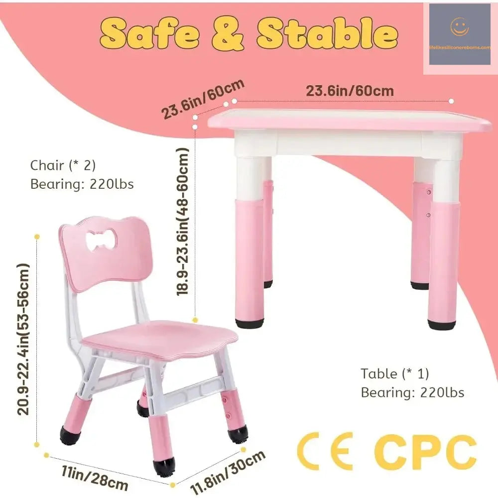 Kids Table and 2 Chairs Set, Height Adjustable Toddler Table and Chair Set for Ages 3-8, Easy to Wipe Arts & Crafts Table lifelikesiliconereborns.com