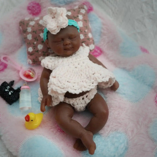 Mini Silicone Reborn Baby Doll 4.5 Inch Full Body Black Girl Emma with Feeding Accessories Collectible Infant Simulation Toy lifelikesiliconereborns.com